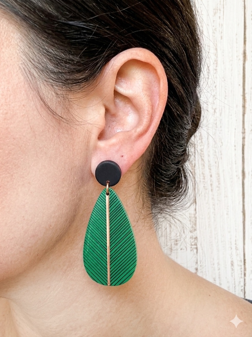 Handmade Boho Tropical Green Leaf Dangle Earrings Gold & Black Polymer Clay